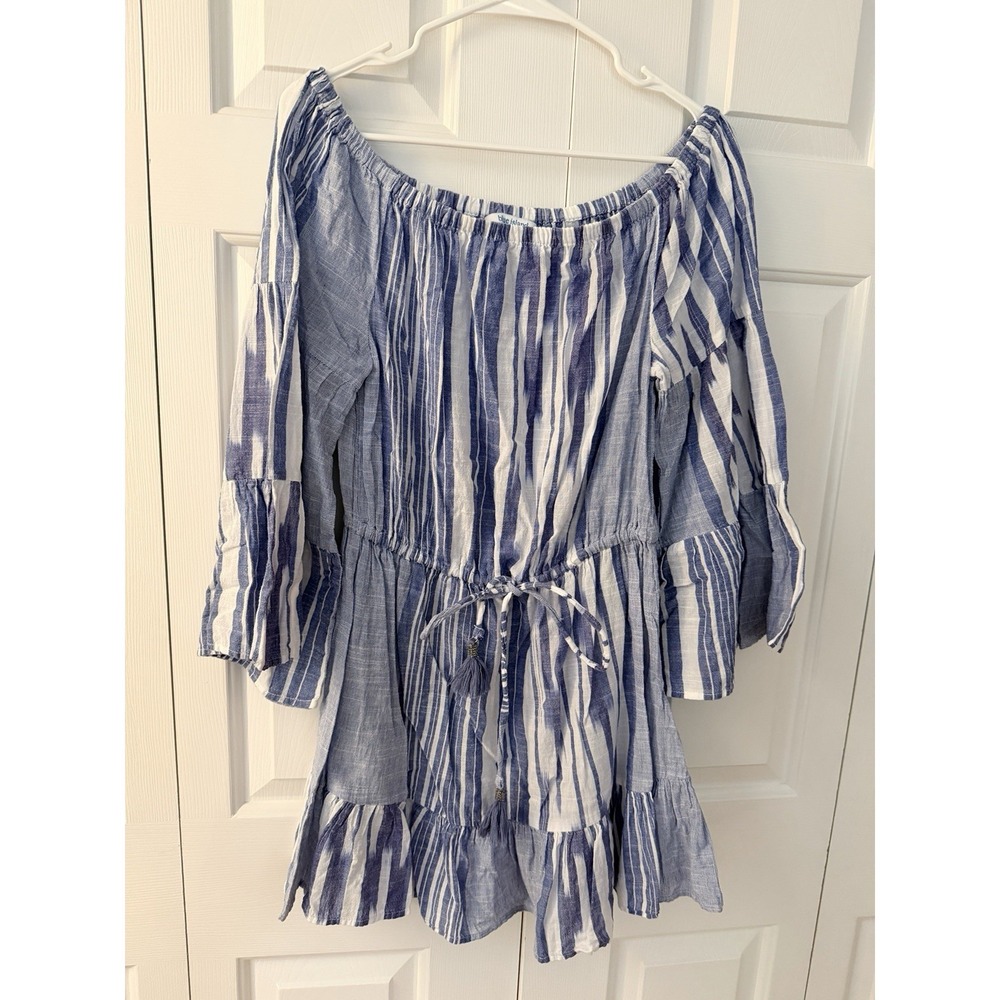 Blue Island Dress Womens L Boho Striped Bell Sleeve‎ Off Shoulder Excellent